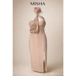 MISHA Nude Draped Halter Midi Dress Bustier Bodice Side Slit Cocktail Evening 8